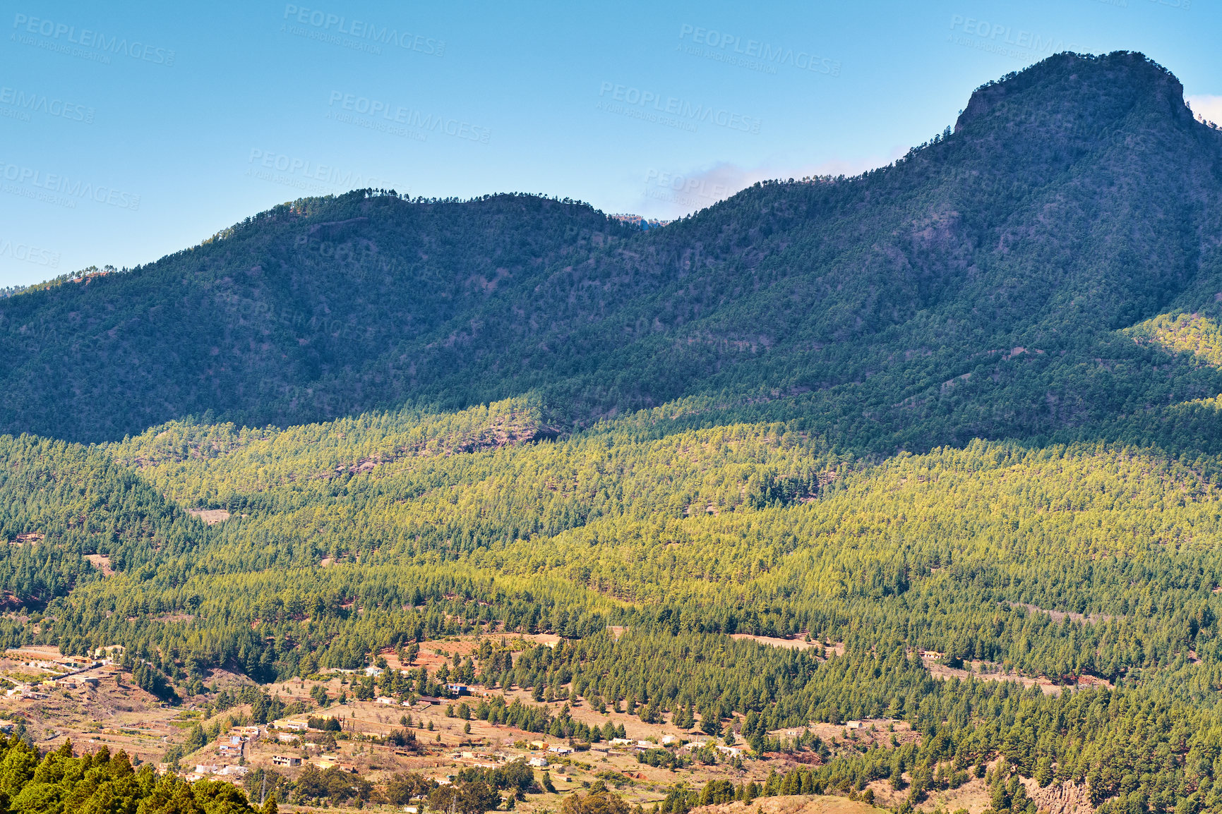 Buy stock photo Landscape of mountain pastures in the background of lush forest trees in Spain. City and mountain view of residential houses or buildings in serene hill valley in Santa Cruz, La Palma, Spain