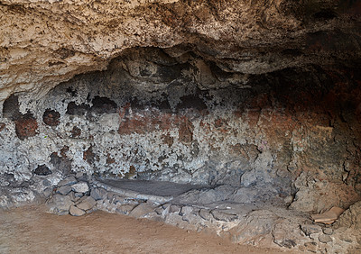 Buy stock photo Abandoned old cave and secret underground tunnel formed from molten lava and igneous rock after a volcanic eruption in Los Llanos, La Palma, Spain. Ancient ruins with hidden stone chamber and cavern