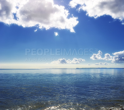 Buy stock photo Copy space at sea with cloudy sky background above the horizon. Calm ocean waters at the beach of Torrey Pines, San Diego, California. Majestic and peaceful scenic landscape for a relaxing getaway