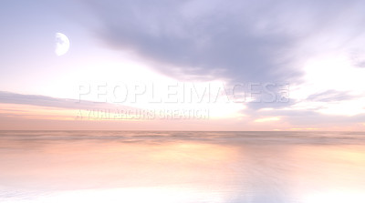 Buy stock photo Magical view of the moon rising over the sea with a cloudscape above the horizon at sunset. Calm ocean water under a breathtaking and colorful sky. Majestic and peaceful seascape for summer vacation