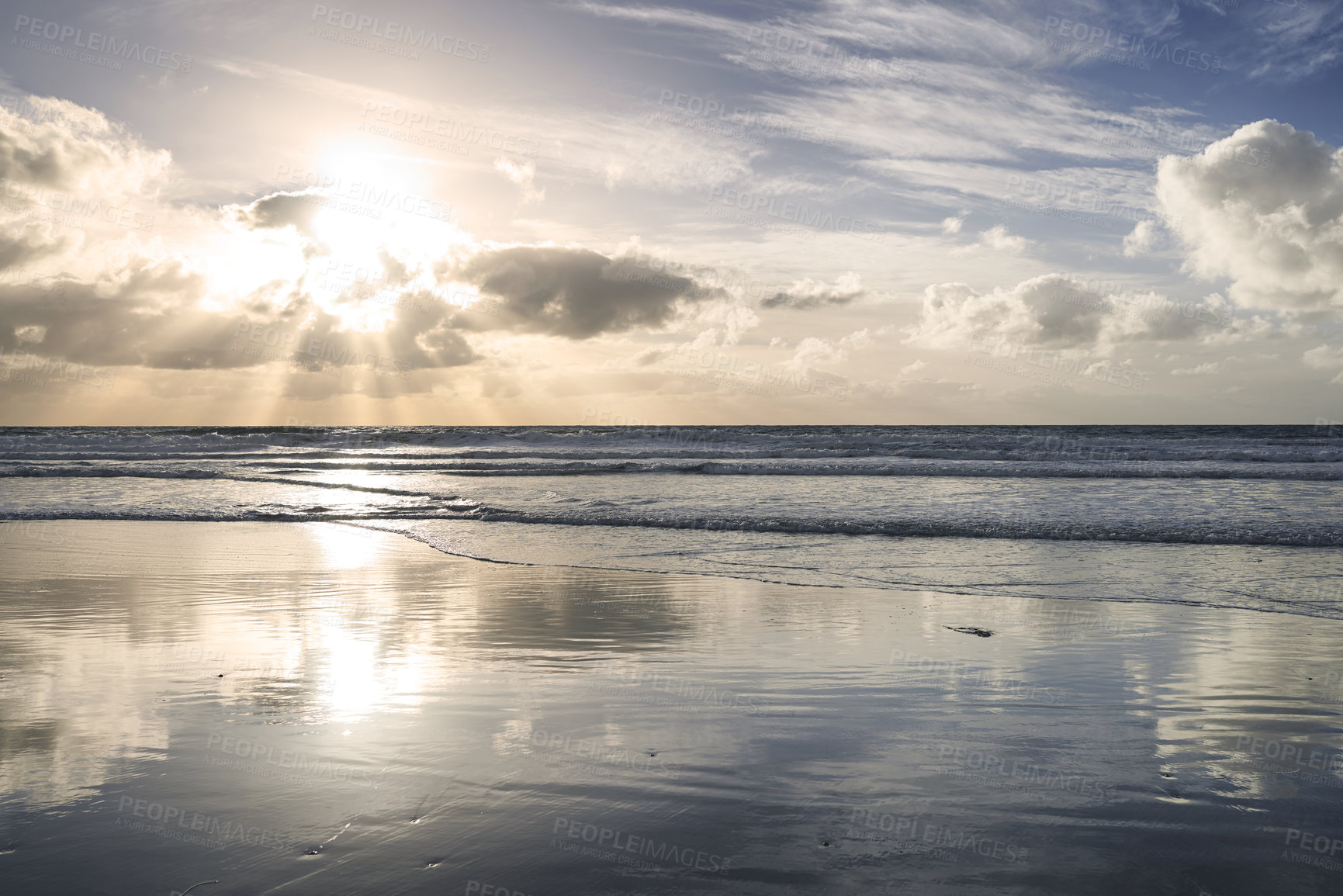 Buy stock photo Copyspace at sea with cloudy twilight sky background above the horizon at sunset. Calm ocean waters at a beach in Torrey Pines, San Diego, California. Majestic scenic landscape for relaxing getaways