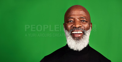 Buy stock photo Happy, space and portrait of black man on green screen for confident, fashion and elegant style. Happiness, smile and senior with face of male model isolated on studio background for pride and mockup