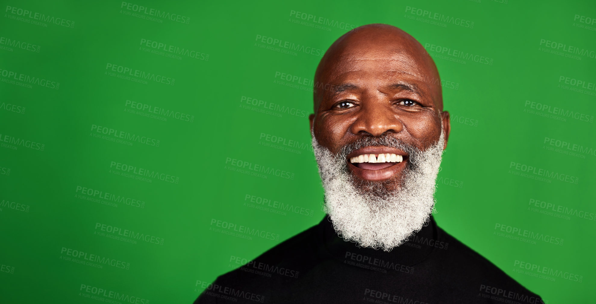 Buy stock photo Happy, space and portrait of black man on green screen for confident, fashion and elegant style. Happiness, smile and senior with face of male model isolated on studio background for pride and mockup