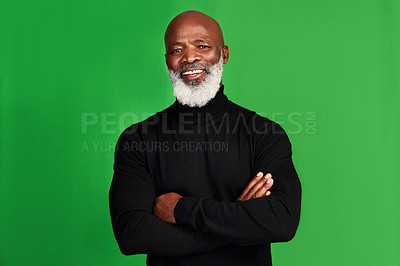 Buy stock photo Happy, arms crossed and portrait of black man on green screen for confident, fashion and elegant style. Happiness, smile and senior with male model isolated on studio background for pride and mockup