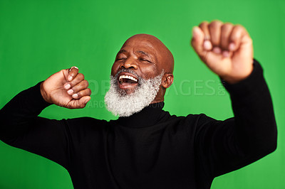 Buy stock photo Happy, dance and face of of black man on green screen for celebration, music or excited. Happiness, smile and energy with senior person dancing isolated on studio background for freedom and movement