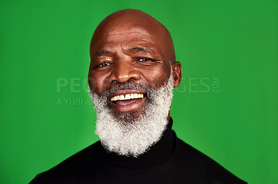Buy stock photo Happy, smile and portrait of black man on green screen for confident, fashion and elegant. Happiness, style and senior with face of male model isolated on studio background for pride and beard mockup