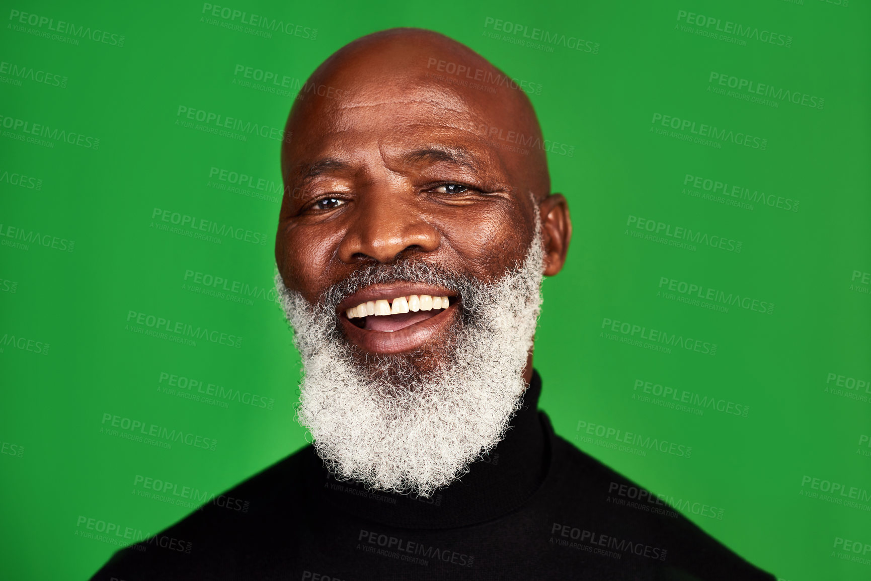 Buy stock photo Happy, smile and portrait of black man on green screen for confident, fashion and elegant. Happiness, style and senior with face of male model isolated on studio background for pride and beard mockup