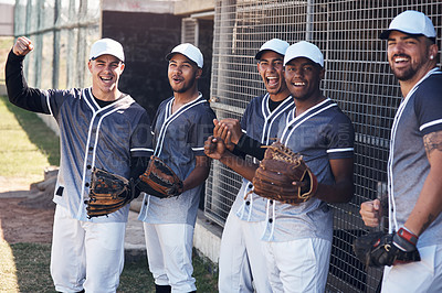 Buy stock photo Baseball, cheer and field with team for support, happy and watch in shade from summer heat. Dugout, sports and success for competition with male people, excited and together for softball club match