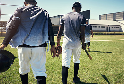 Buy stock photo Team, softball and back of men on field for sport, support and break at practice. Baseball league, walk and ground in stadium for competition, sportsmanship and motivation in locker room pep talk