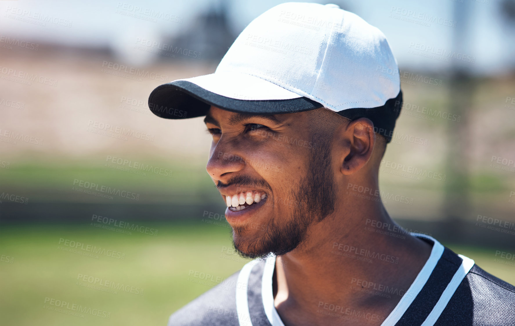 Buy stock photo Baseball, professional or happy man in match on field of stadium for training, practice or workout. Fitness, smile and athlete ready to play in game in park for competition, outdoor exercise or hobby