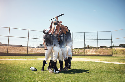 Buy stock photo Baseball team, sports and men winning competition or game on field. Excited group of athlete friends celebrate achievement, win or teamwork and fitness goal for professional sport outdoor with a bat