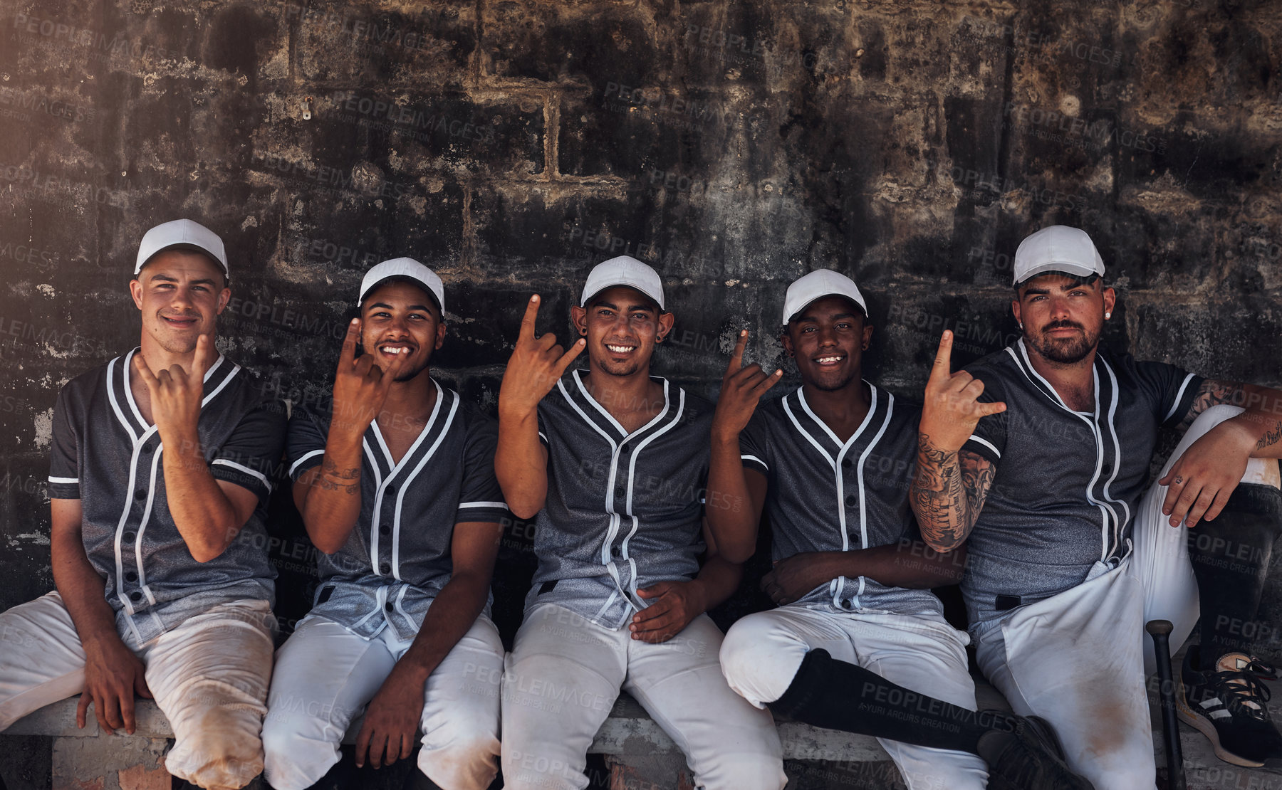 Buy stock photo Sport, baseball or team portrait with rock on for support, diversity or encouragement for game. Community outreach, men or rest in dugout for inspiration, motivation or training program for growth