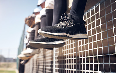 Buy stock photo Baseball team, shoes and relax for watch on dugout, athlete and practice for match on field. Wait, rest and together in uniform for male people for softball, stadium and sport in summer for workout