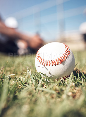 Buy stock photo Grass, baseball and ball on field for game, competition and pitch for training of team. Sport, softball and lawn for practice and hobby on floor, equipment and green in Florida stadium outside