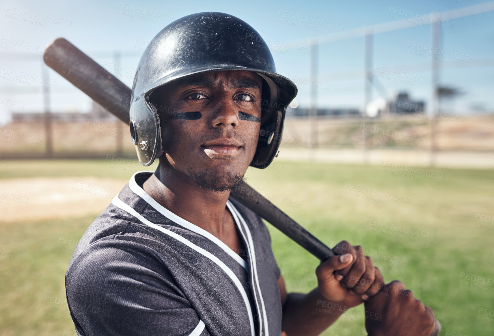 Buy stock photo Man, portrait and athlete with baseball bat for sport, grip and power posture for ready to swing or hit on game day. Player, serious and uniform on pitch in stadium for match, competition and workout