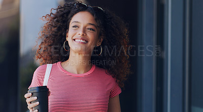 Buy stock photo Walking, woman and thinking in city with coffee for travel or commute to university in morning. College student, happy and tea in street for future, memory and gratitude for education or scholarship 