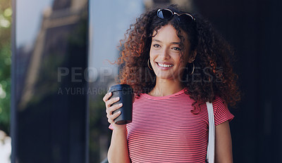 Buy stock photo Happy, woman and thinking in city for travel with coffee for commute to university in morning. College student, smile and tea in street for future, memory and gratitude for education or scholarship 