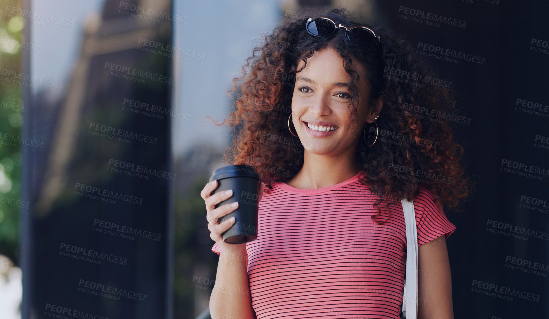 Buy stock photo Happy, woman and thinking in city for travel with coffee for commute to university in morning. College student, smile and tea in street for future, memory and gratitude for education or scholarship 