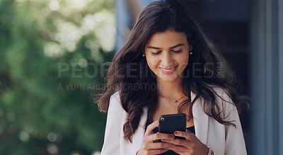 Buy stock photo Woman, balcony and happy with smartphone in office for text message or email with good news. Female person, employee and smile for notification on social media with networking and communication