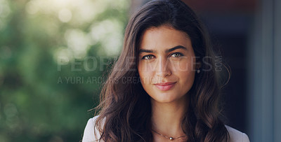 Buy stock photo Serious, portrait and business woman in city for mockup, professional and focus. Space, modern and natural with face of female employee in New York outdoors for urban, confident and pride
