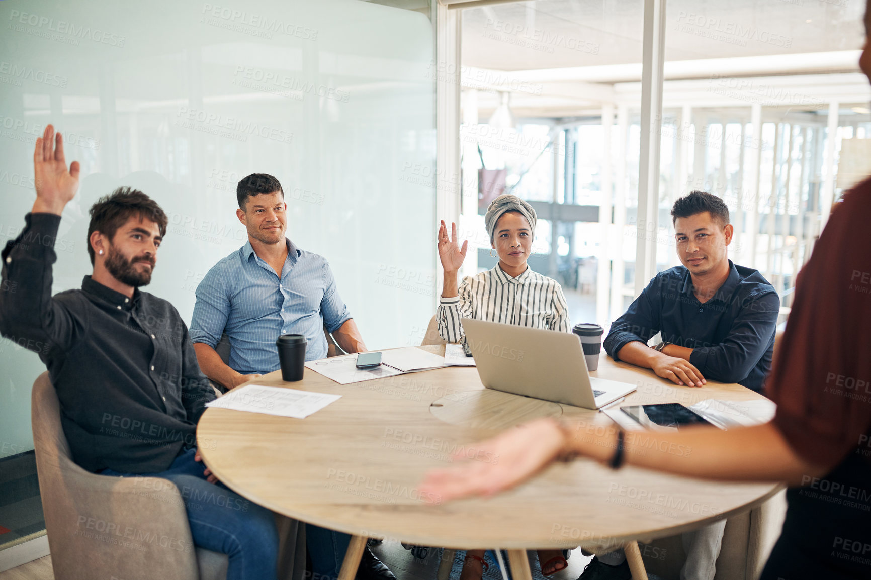 Buy stock photo Meeting, hand raised and business people in office with presentation for company profit review. Question, teamwork and speaker with financial advisors for investment revenue feedback in discussion.