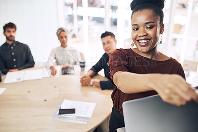 Buy stock photo Team, meeting and woman with laptop, start presentation for collaboration and ready for creativity workshop. Seminar, presenter with pc and group, paperwork and tech for design info at startup