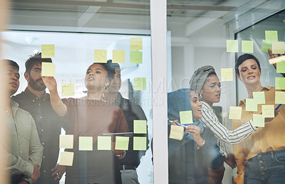 Buy stock photo Business people, schedule or planning with glass board for meeting, collaboration or brainstorming at office. Young, group or employees writing with teamwork for agenda, tasks or reminder for project