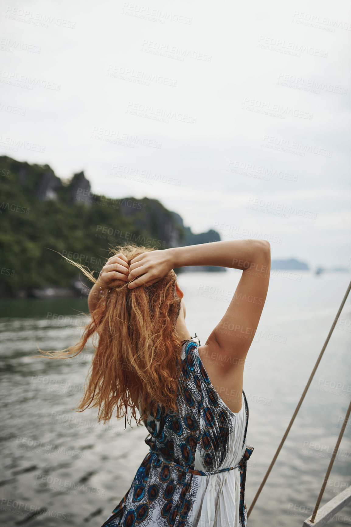 Buy stock photo Woman, back and boat cruise on vacation, adventure and travel on water nature for peace. Female person, confident tourist and outdoor holiday on lake, explore tropical island and yacht for freedom