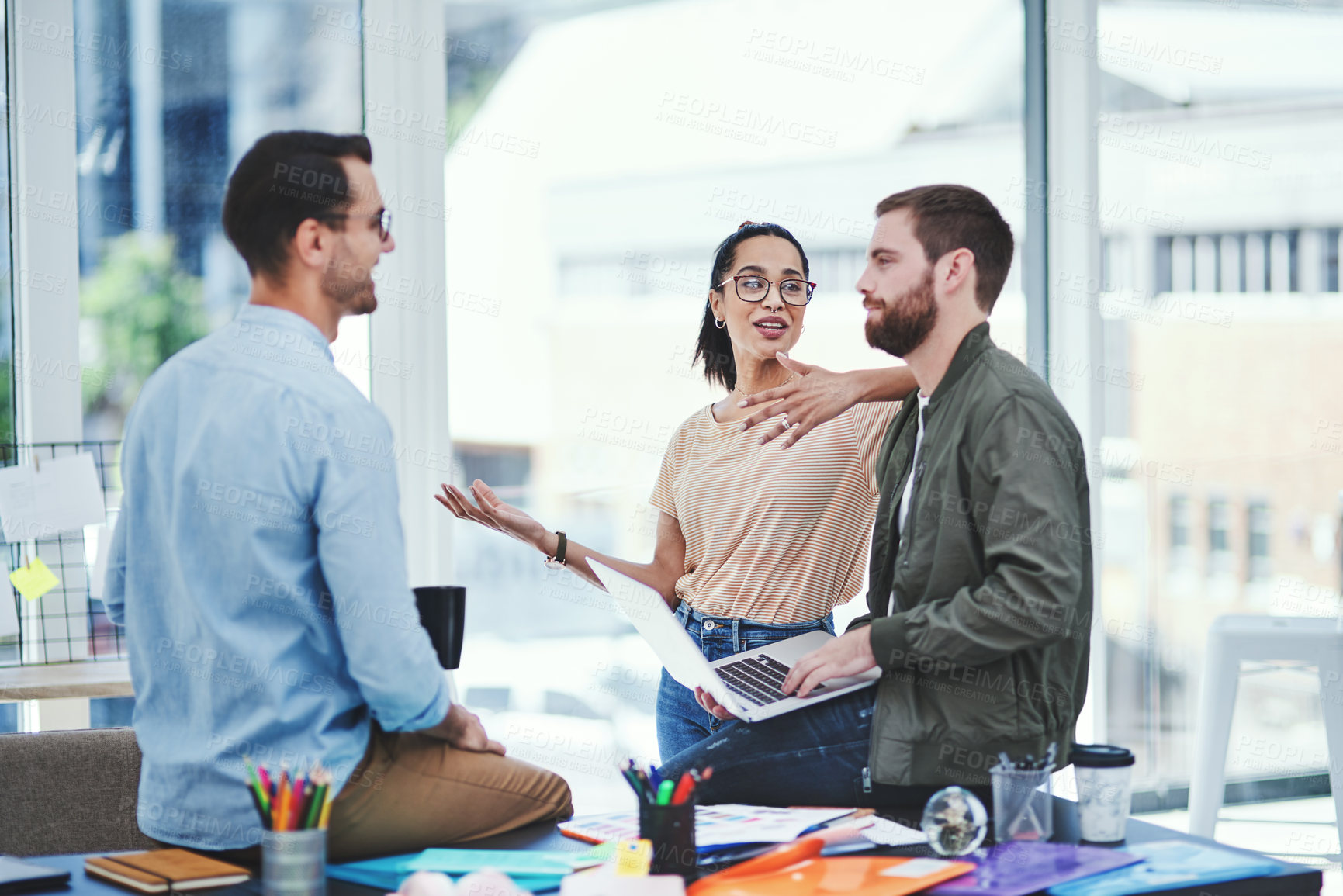 Buy stock photo Creative, business people or group planning on laptop in meeting for brainstorming idea. Team, engagement manager or discussion on computer in startup for client feedback, solution or progress update