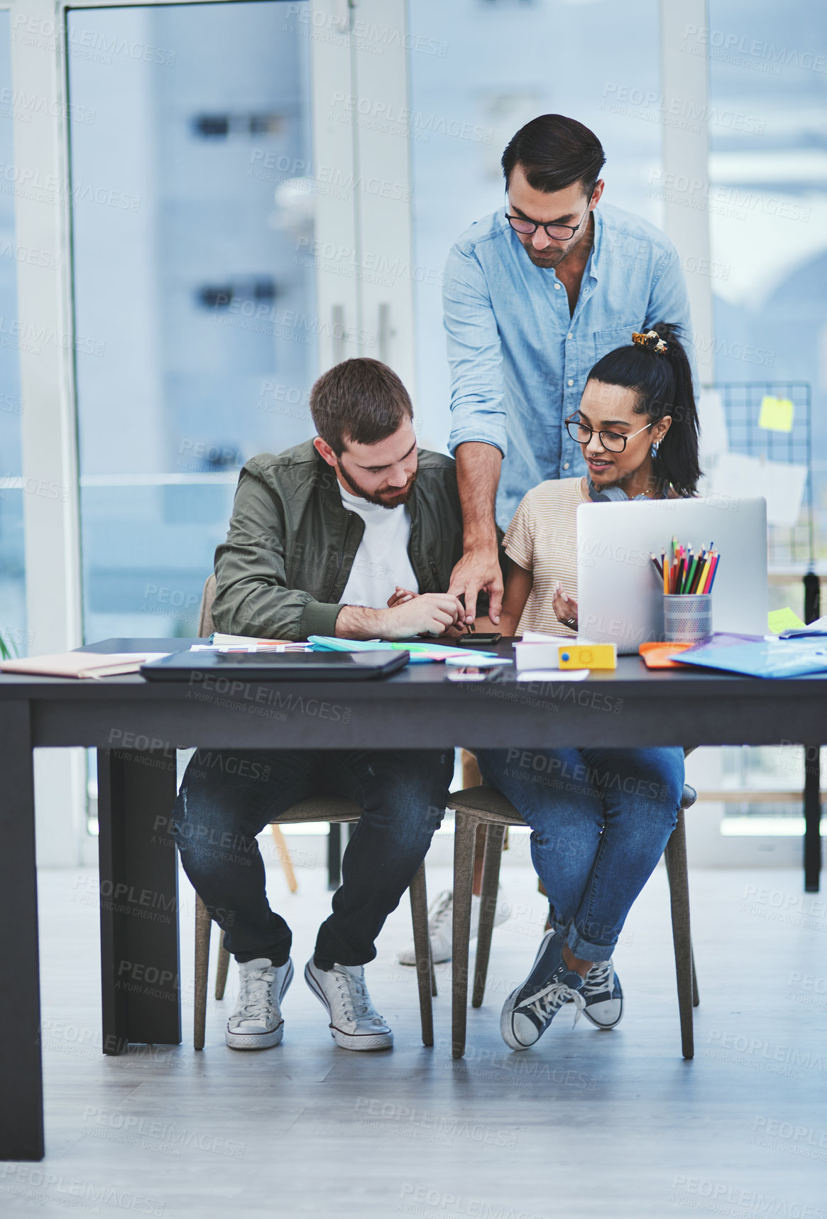 Buy stock photo Business people, creative agency and teamwork with laptop,  connection and brainstorming in office. Group, employees or designers with computer, research for proposal and cooperation with project