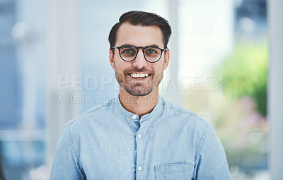 Buy stock photo Eye care, portrait and man with smile for glasses in optometry office with designer frame or prescription lens. Happy customer, person and new spectacles at vision consultation for wellness or health