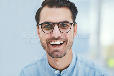 Buy stock photo Eye care, excited or man with portrait for glasses in optometry office with designer frame or prescription lens. Happy customer, person or new spectacles at vision consultation for wellness or health