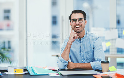 Buy stock photo Office, laptop and businessman in portrait for job, startup progress or pride with smile for career. Creative agency, male person or graphic designer with positive attitude for tasks, planning or joy