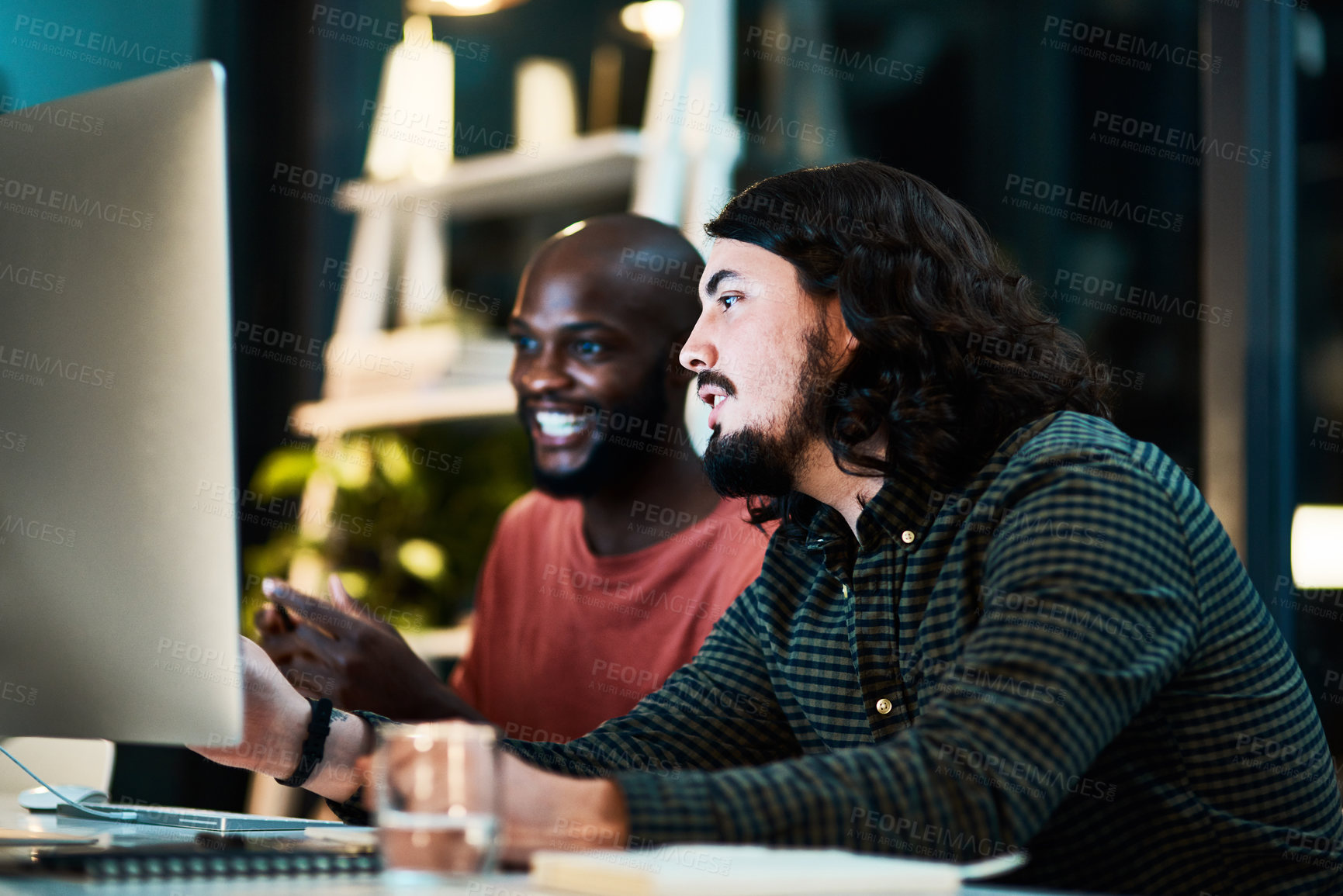 Buy stock photo Computer, collaboration and planning with business people for email marketing, target audience research and rpa software. Chief automation officer, night and technology with employees and ai system