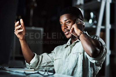 Buy stock photo Black man, discussion and phone call at night in office, talking and computer for feedback. Male person, global contact and speaking to client for project collaboration, networking and deadline