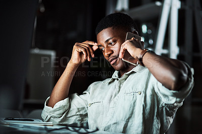 Buy stock photo Man, bored and phone call in office at night, fatigue and mental health burnout for networking. Male person, tired professional and stress for client deadline, depression and exhausted employee