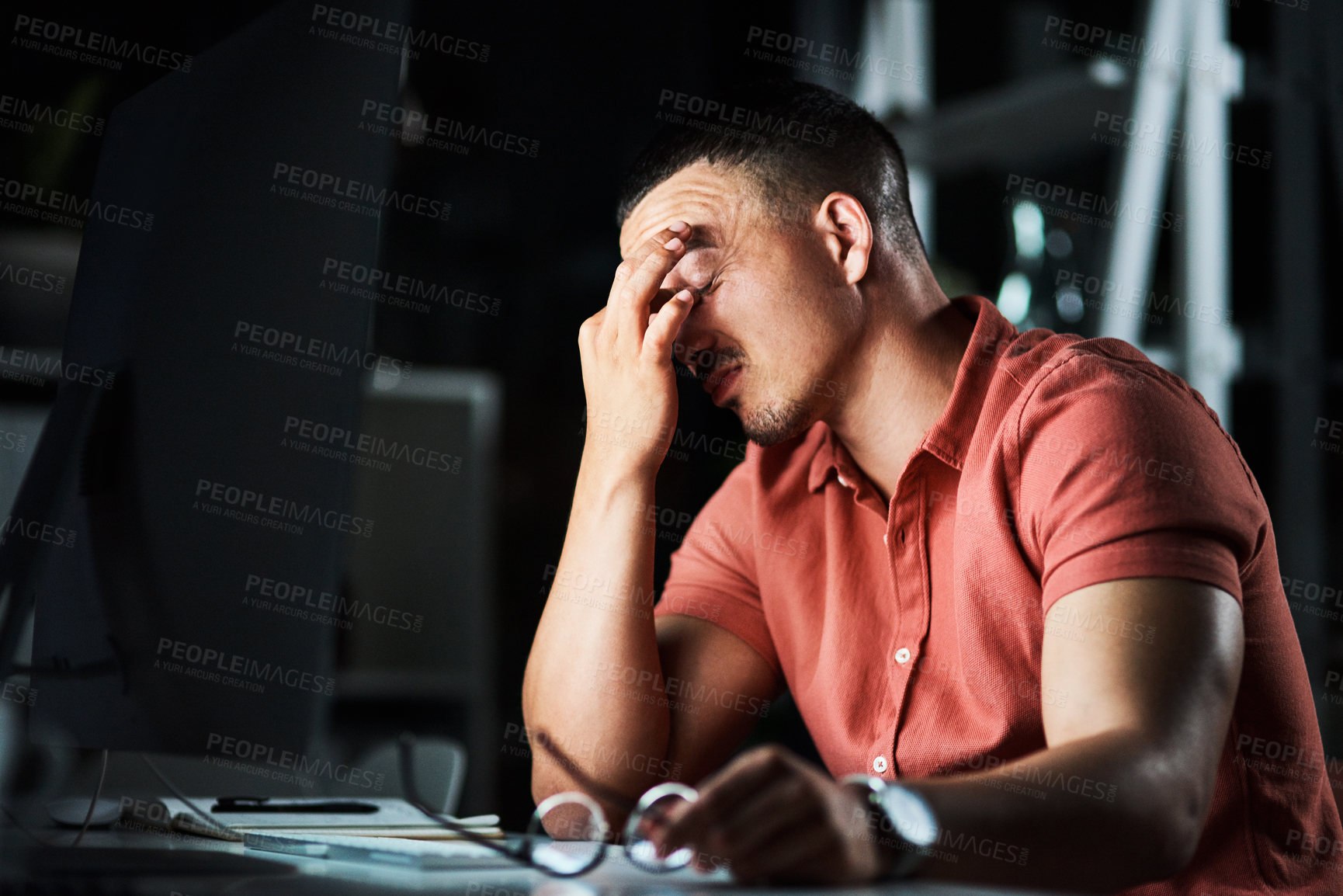 Buy stock photo Man, eye strain and computer in office at night, fatigue and mental health burnout for online project. Male person, tired reporter and stress for article deadline, depression and exhausted journalist
