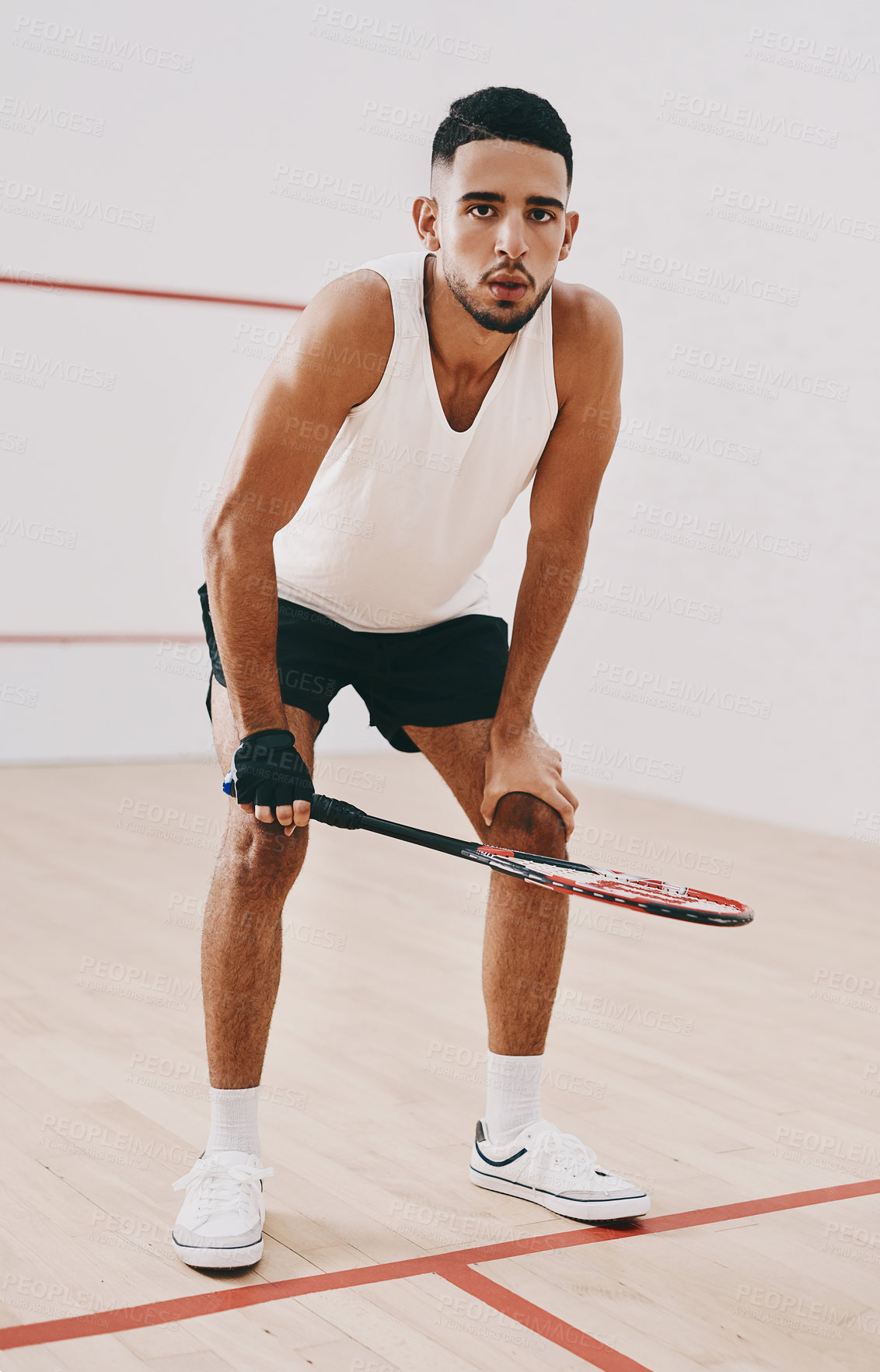 Buy stock photo Squash, game and man with portrait, tired and sports with fitness, training and breathing. Person, exhausted or guy with hobby, practice and routine with recreation, fatigue and energy with challenge