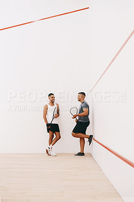 Buy stock photo Athlete, people and sports for squash court with racket for challenge game, training advice and practice skill. Active, men and fitness performance, competition gear and support of professional match