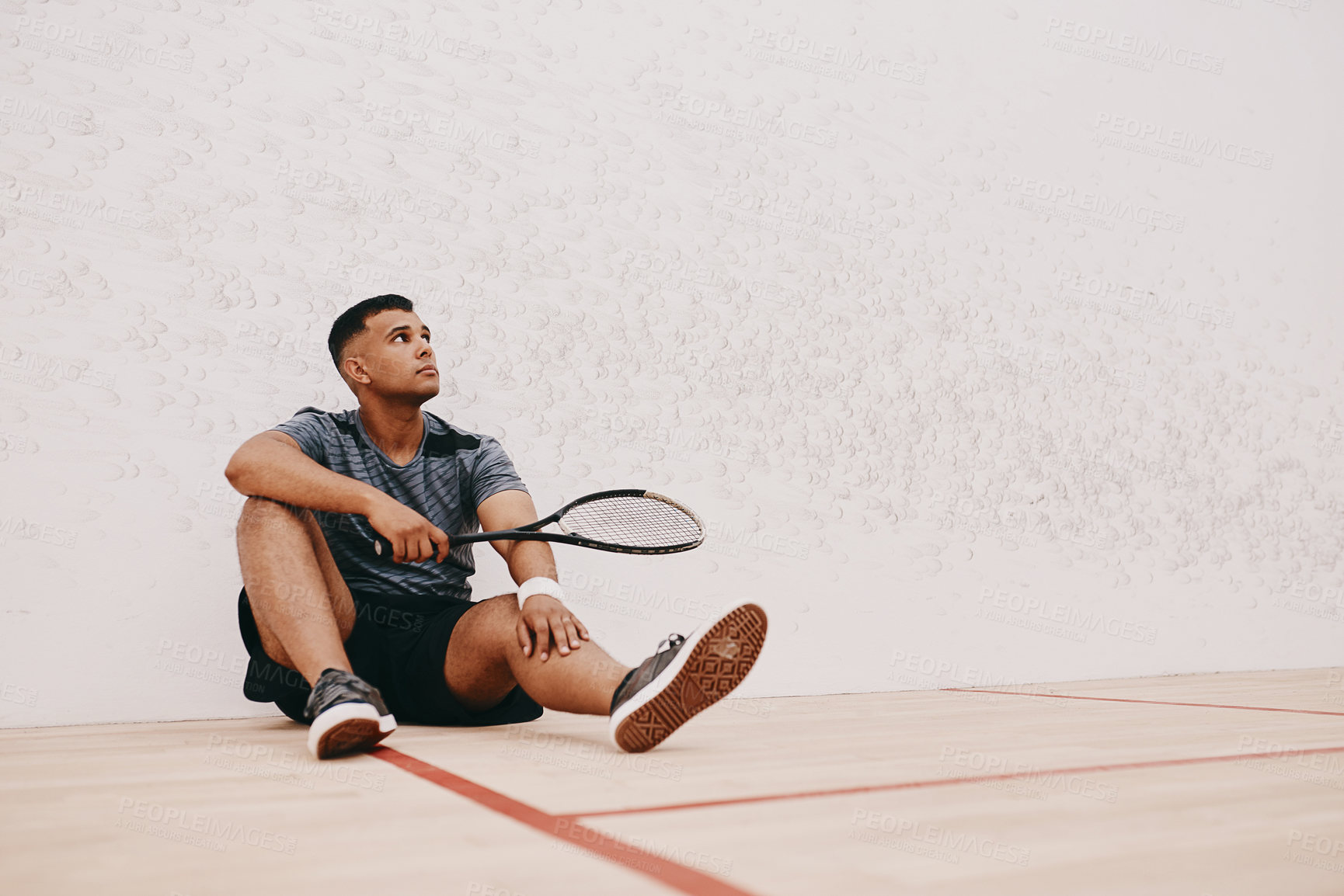 Buy stock photo Man, tennis court and thinking on floor with racket on training for sports, game and tournament. Male person, player and vision on break on practice at field for championship, match and fitness