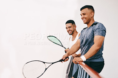 Buy stock photo Athlete, men and watch for sports court with game view, challenge and entertainment of training skills. Happy, people and rail for performance, competition racket and tournament of fitness technique