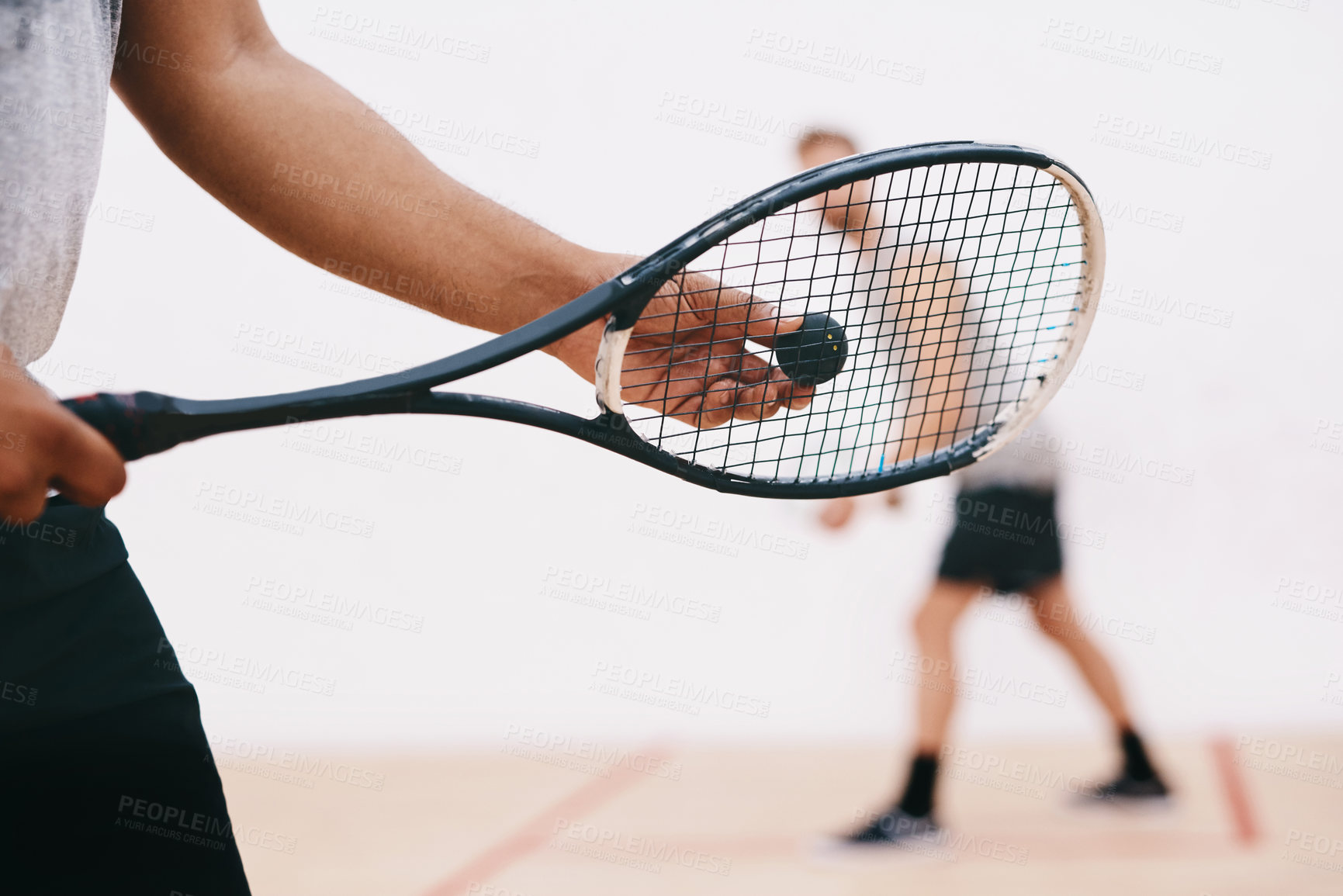 Buy stock photo Squash, man and racket serve on court, competition and team for indoor fitness or tournament. Male person, friends and gym for physical training or workout, practice sports and athletes for exercise