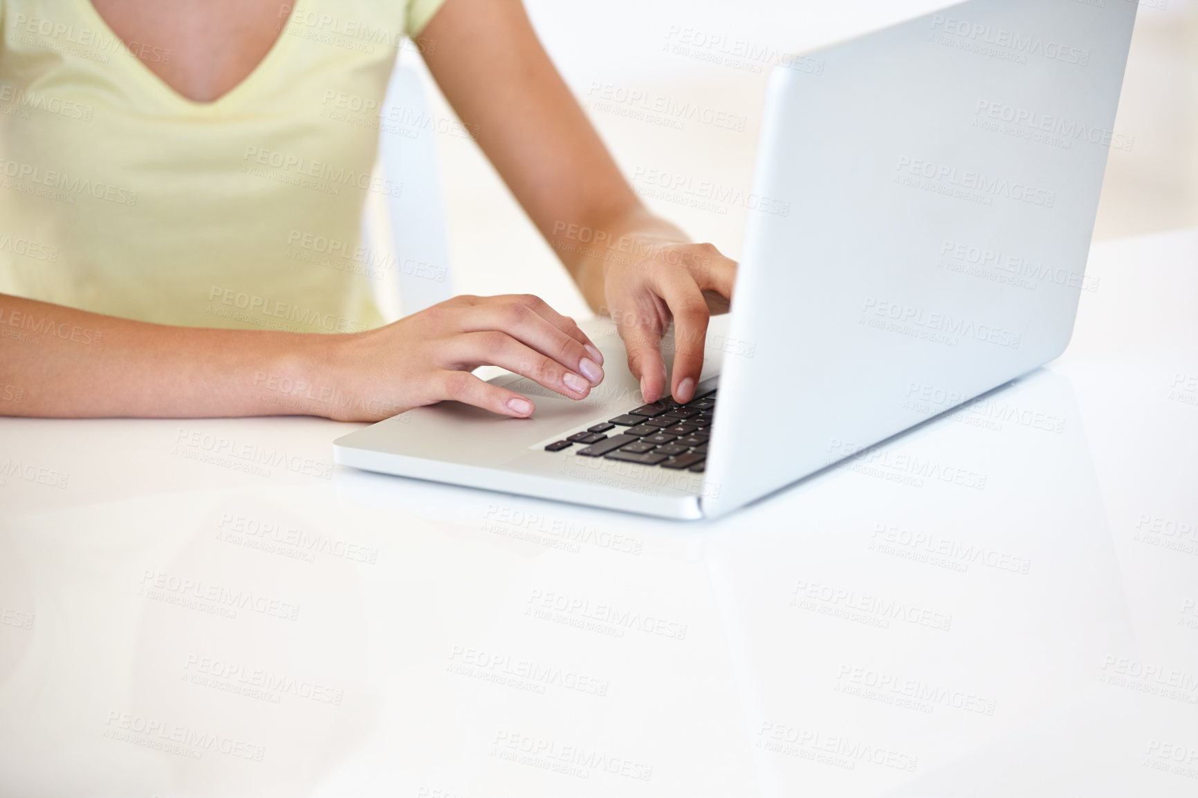 Buy stock photo Woman, remote work and hands with laptop at table to update blog post, social media and digital download. Closeup of freelancer typing on computer for internet research, editing email or mockup space