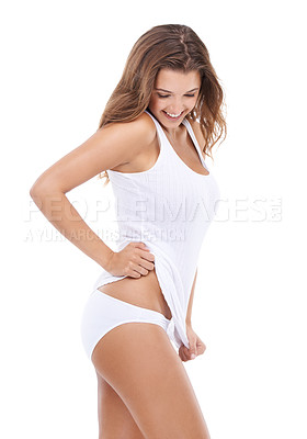 Buy stock photo Healthy body, underwear or happy woman in tank top with confidence, smile or results in studio. Natural, fashion model or slim person in lingerie with pride or wellness isolated on white background