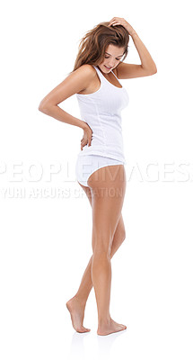 Buy stock photo Looking, underwear model or happy woman in tank top with healthy body, legs or smile in studio. Check, fashion or confident person in lingerie with pride or wellness isolated on white background