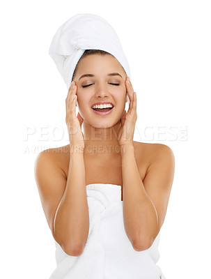 Buy stock photo Towel, beauty studio and woman happy for morning routine, self care treatment or feeling collagen results. Bathroom, eyes closed and girl with skincare, hygiene or clean skin on white background