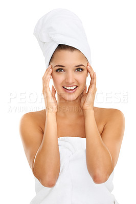 Buy stock photo Towel, beauty and portrait with happy woman over cosmetics, aesthetic makeup or facial collagen results. Bathroom, spa and person in studio for skincare, hygiene or foundation on white background