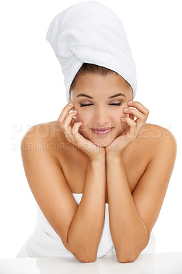 Buy stock photo Shower, relax and woman in studio for body care, wellness or bathroom routine on white background. Calm, beauty and peaceful female model with cosmetic satisfaction, glowing skin or spa pamper