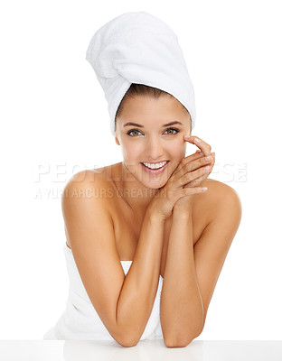 Buy stock photo Shower, portrait and happy woman in studio for body care, wellness or bathroom routine on white background. Face, beauty and female model with cosmetic satisfaction, glowing skin or DIY spa pamper