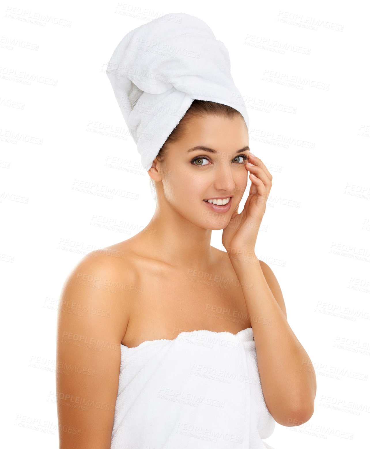 Buy stock photo Shower, towel or hand on face of woman in studio for wellness, skincare or pamper on white background. Portrait, smile or model with body care, cleaning or cosmetic, routine or treatment results